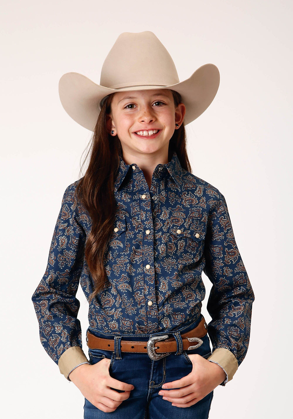 Roper Girls Long Sleeve Snap Navy Paisley Western Shirt - Roper