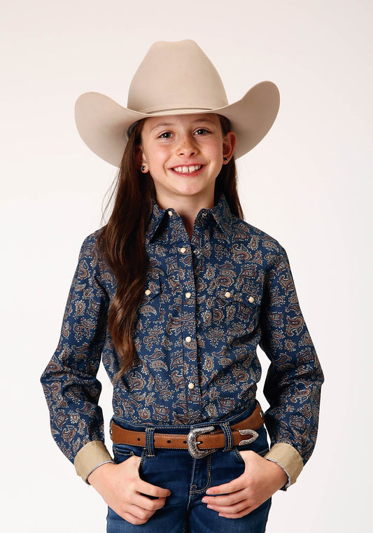 Roper Girls Long Sleeve Snap Navy Paisley Western Shirt - Roper