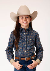 Roper Girls Long Sleeve Snap Navy Paisley Western Shirt - Roper