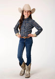Roper Girls Long Sleeve Snap Navy Paisley Western Shirt - Roper
