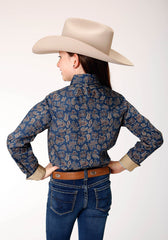Roper Girls Long Sleeve Snap Navy Paisley Western Shirt - Roper