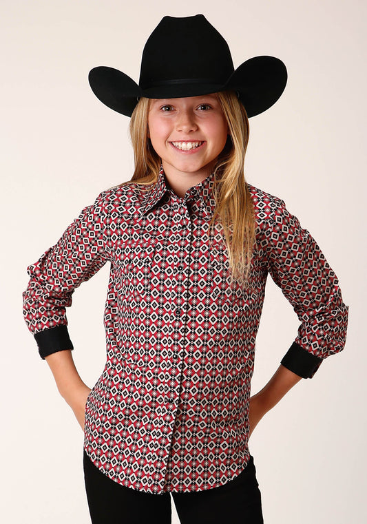 Roper Girls Long Sleeve Snap Western Diamond Print Western Shirt - Roper
