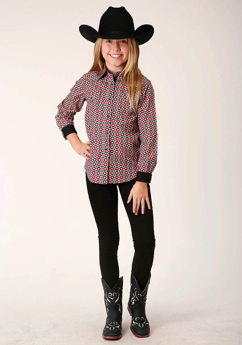 Roper Girls Long Sleeve Snap Western Diamond Print Western Shirt - Roper - Flyclothing LLC