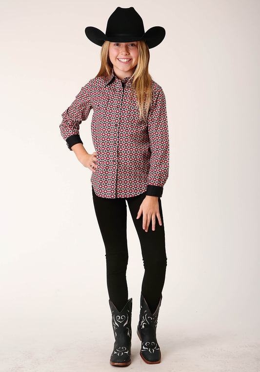 Roper Girls Long Sleeve Snap Western Diamond Print Western Shirt - Roper