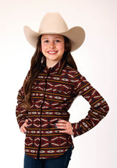 Roper Girls Long Sleeve Snap Red Aztec Horizontal Stripe Western Shirt - Roper