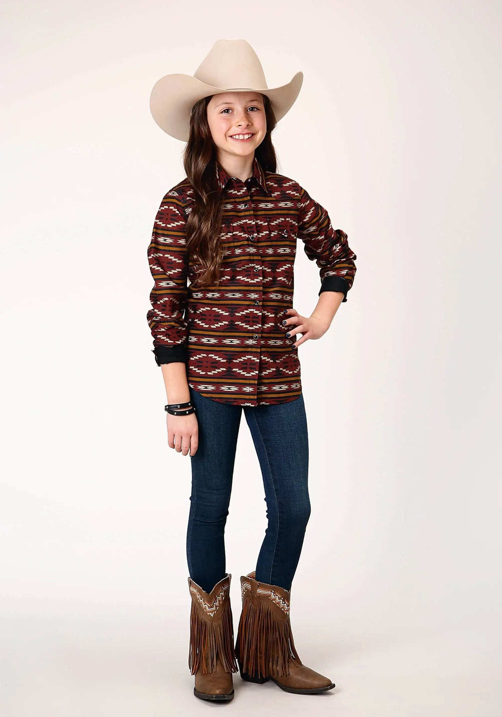 Roper Girls Long Sleeve Snap Red Aztec Horizontal Stripe Western Shirt - Roper - Flyclothing LLC