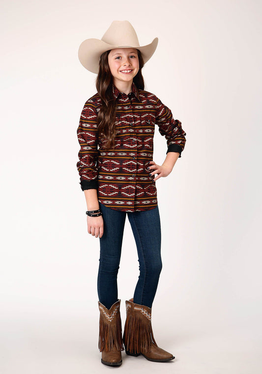 Roper Girls Long Sleeve Snap Red Aztec Horizontal Stripe Western Shirt - Roper