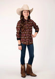 Roper Girls Long Sleeve Snap Red Aztec Horizontal Stripe Western Shirt - Roper