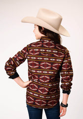 Roper Girls Long Sleeve Snap Red Aztec Horizontal Stripe Western Shirt - Roper