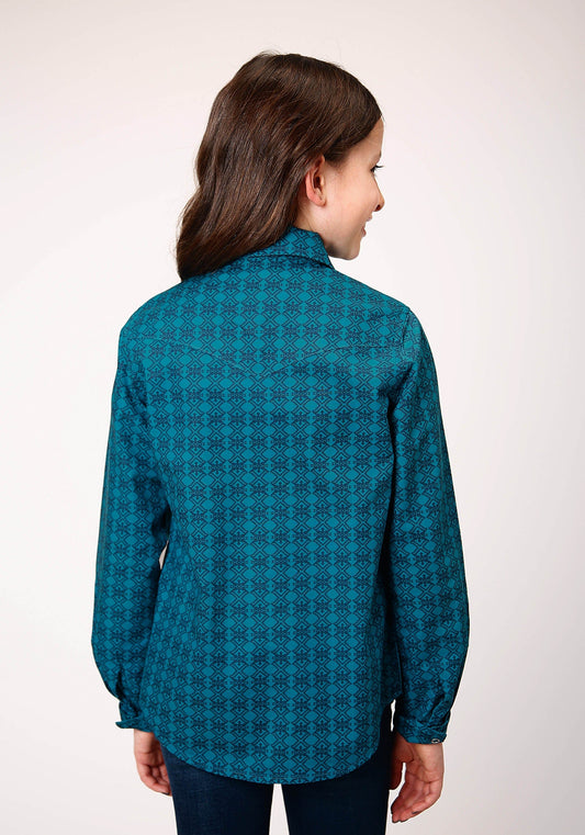 Roper Girls Long Sleeve Snap Tiles Print Western Shirt - Roper