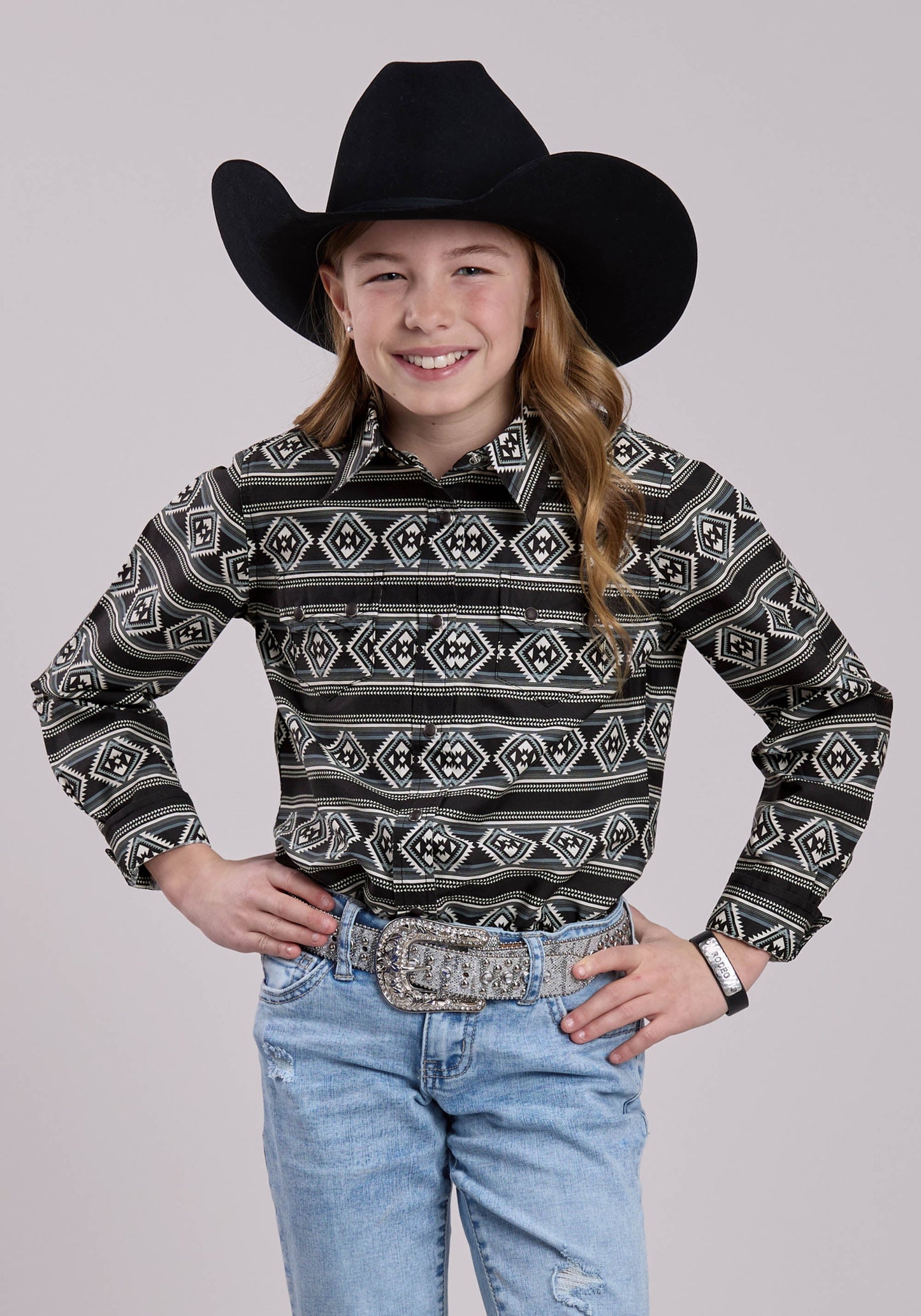 Roper Girls Long Sleeve Snap Aztec Stripe Western Shirt