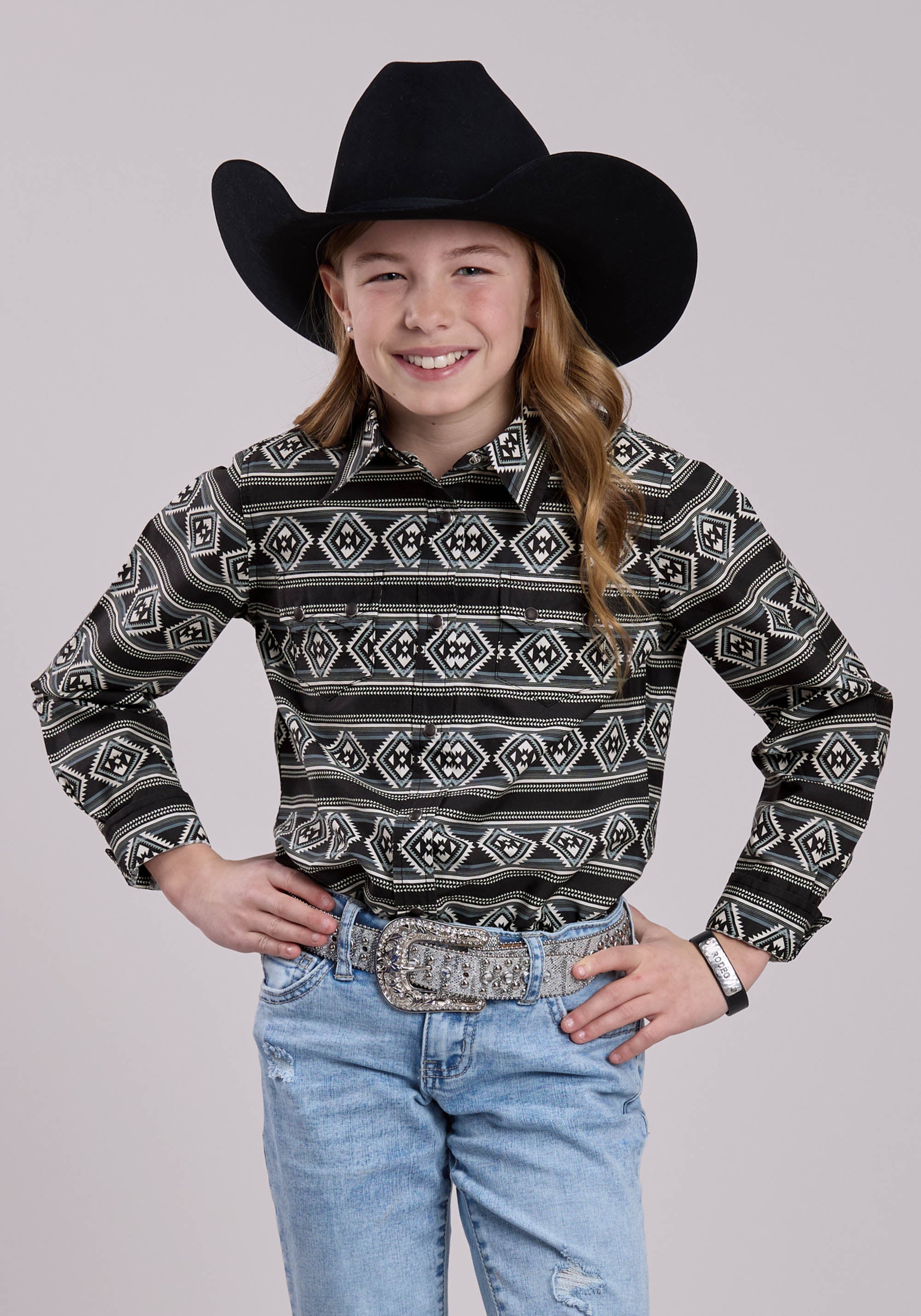 Roper Girls Long Sleeve Snap Aztec Stripe Western Shirt