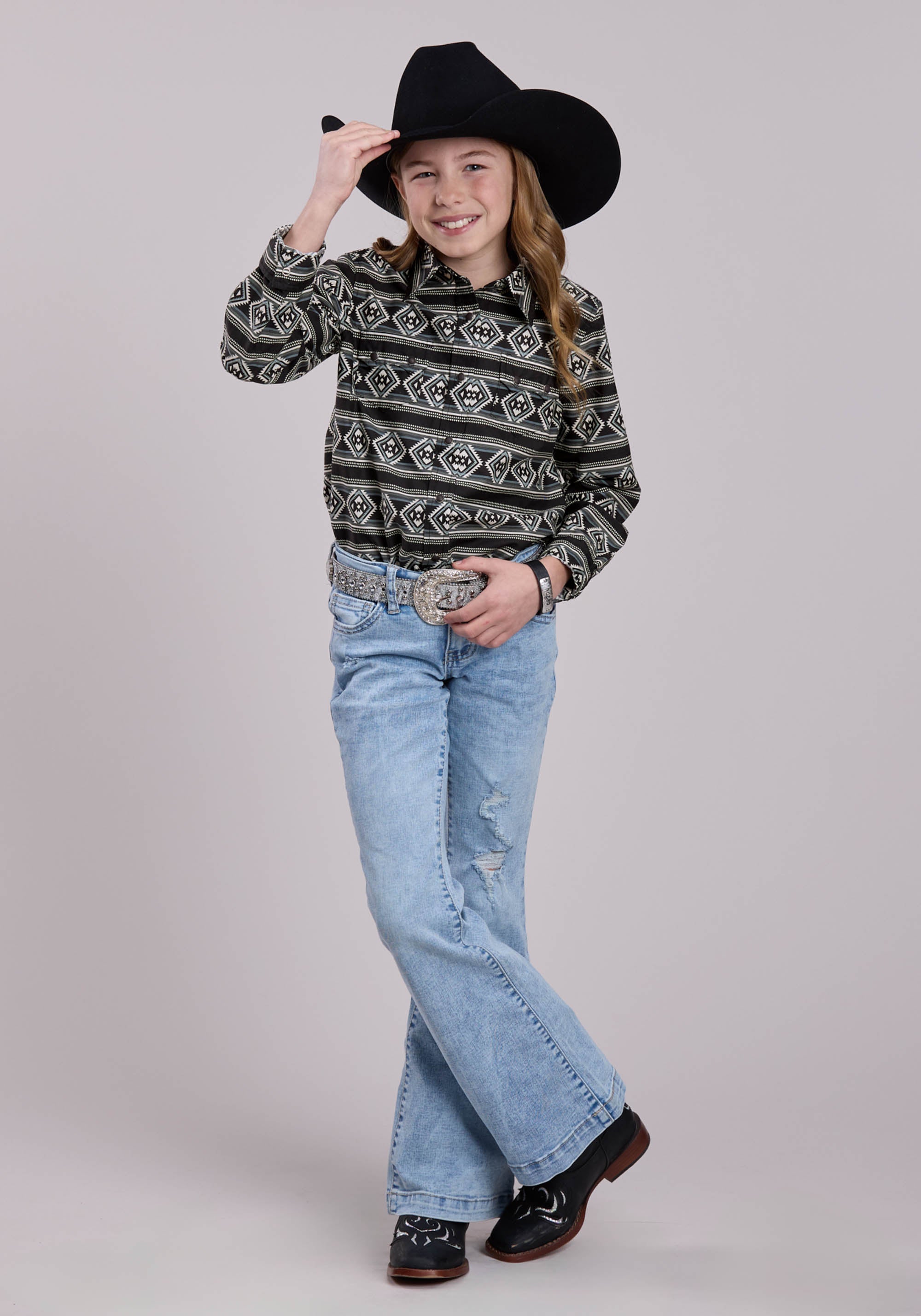 Roper Girls Long Sleeve Snap Aztec Stripe Western Shirt