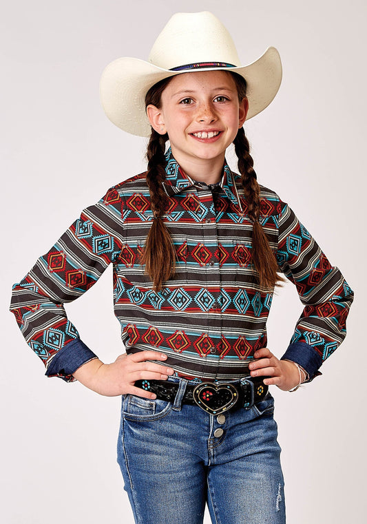 Roper Girls Long Sleeve Snap Aztec Stripe Print Western Shirt - Roper