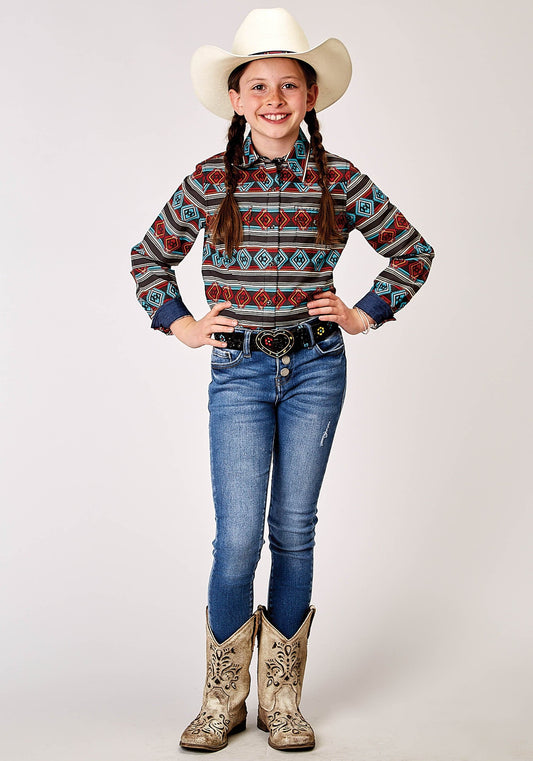 Roper Girls Long Sleeve Snap Aztec Stripe Print Western Shirt - Roper