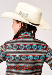 Roper Girls Long Sleeve Snap Aztec Stripe Print Western Shirt - Roper