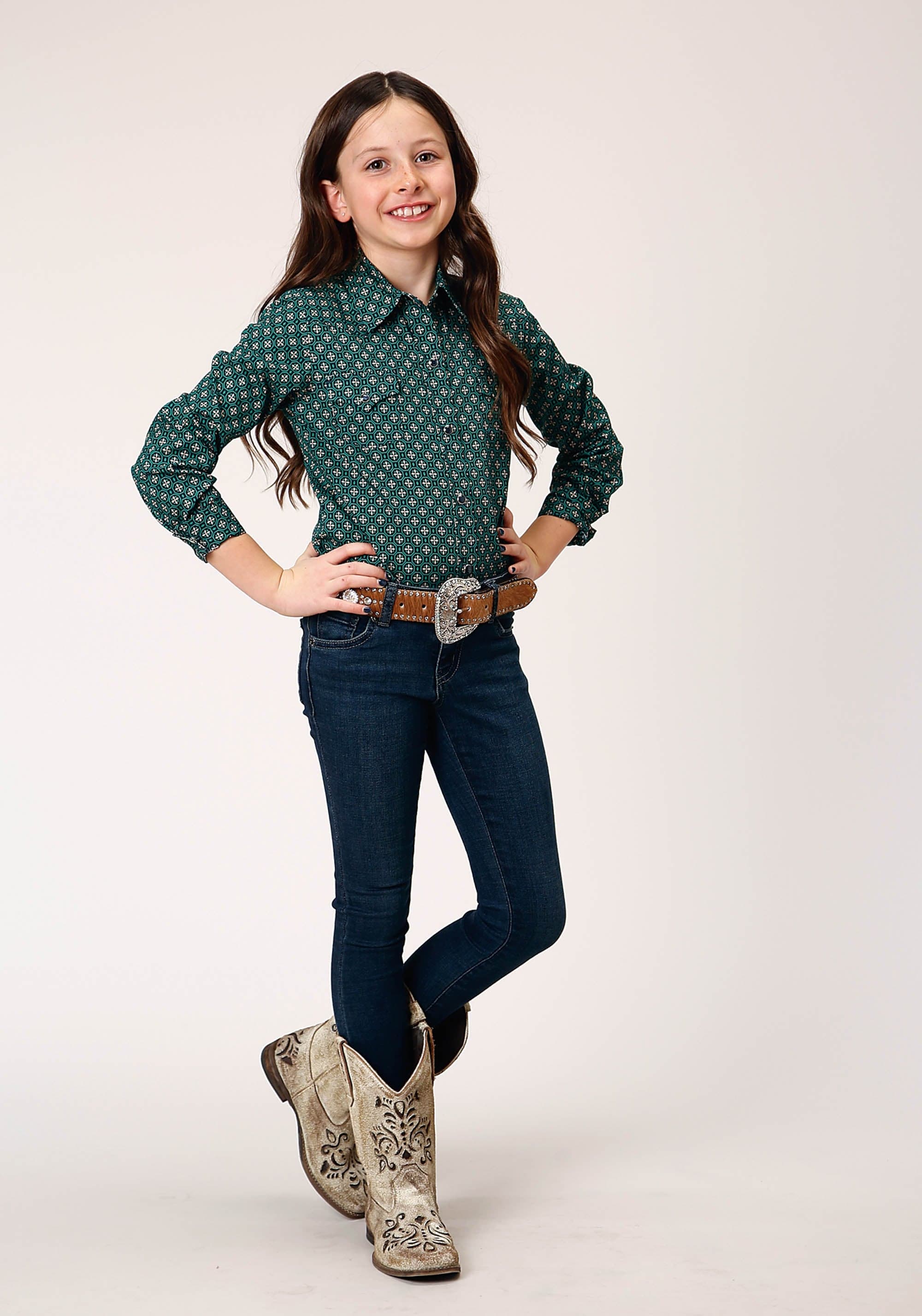 Roper Girls Long Sleeve Snap Croshort Sleeve Walk Foulard Western Shirt - Roper