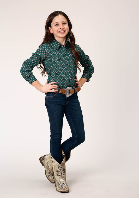 Roper Girls Long Sleeve Snap Croshort Sleeve Walk Foulard Western Shirt - Roper