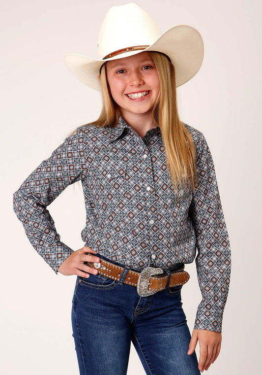Roper Girls Long Sleeve Snap Silver Foulard Western Shirt - Roper