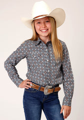 Roper Girls Long Sleeve Snap Silver Foulard Western Shirt - Roper