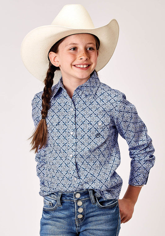 Roper Girls Long Sleeve Snap Blue Skies Tie Print Western Shirt - Roper