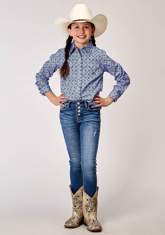 Roper Girls Long Sleeve Snap Blue Skies Tie Print Western Shirt - Roper