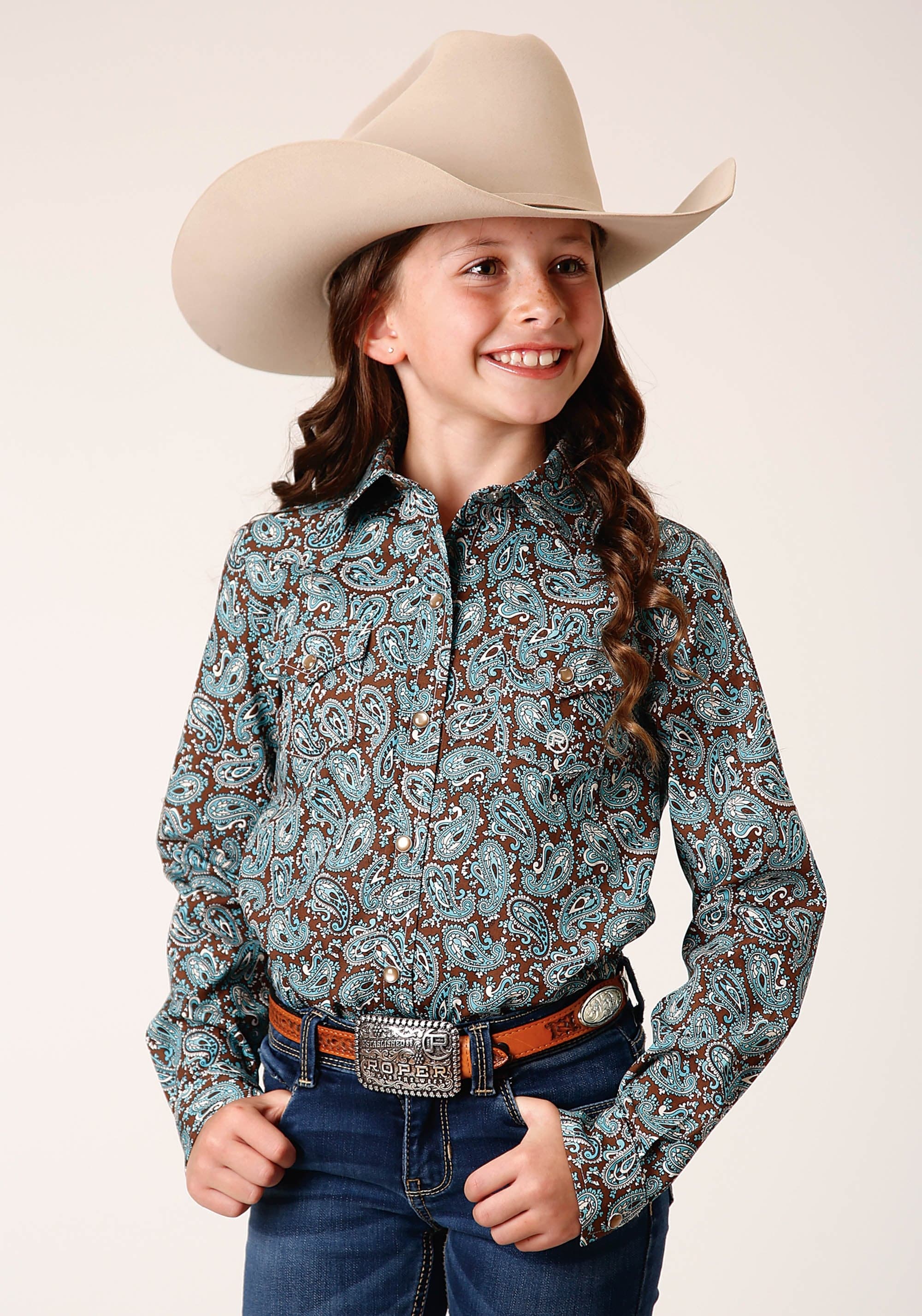 Roper Girls Long Sleeve Snap Turquoise Mine Paisley Western Shirt - Roper