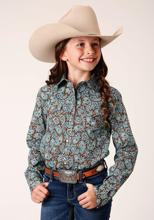Roper Girls Long Sleeve Snap Turquoise Mine Paisley Western Shirt - Roper