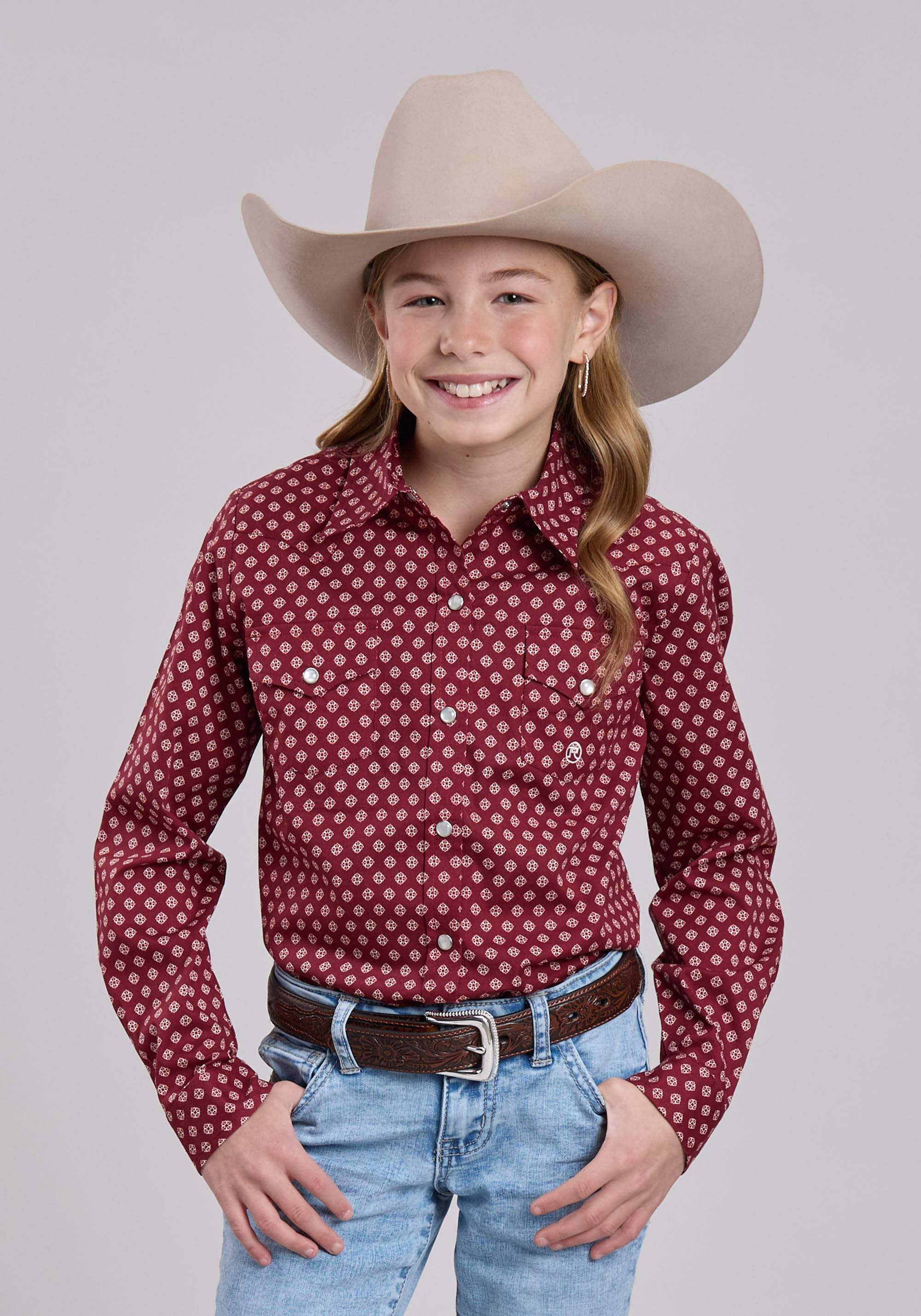 Girls Roper Red Stretch Foulard Long Sleeve Shirt - Roper - Flyclothing LLC
