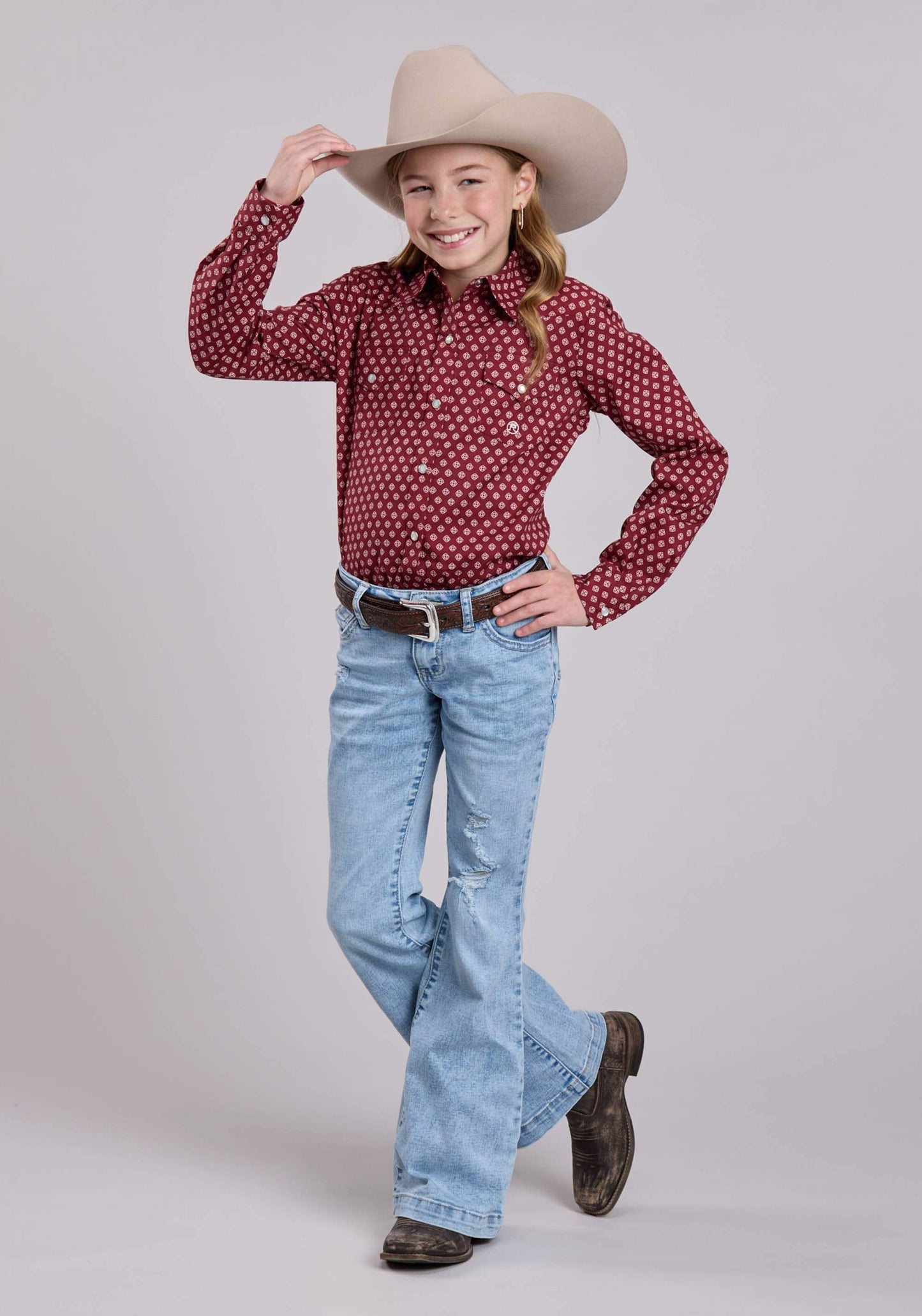 Girls Roper Red Stretch Foulard Long Sleeve Shirt - Roper - Flyclothing LLC