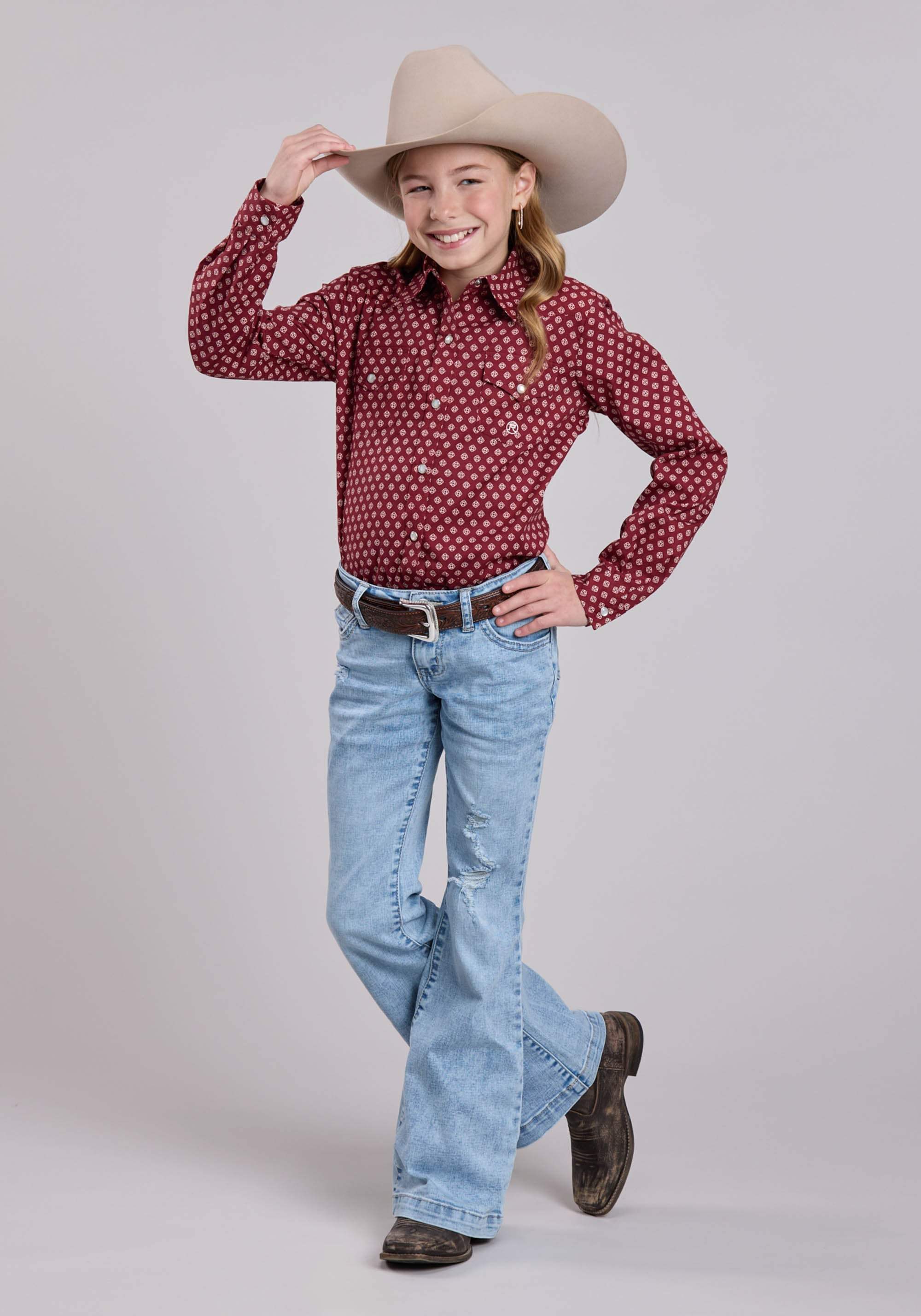 Girls Roper Red Stretch Foulard Long Sleeve Shirt - Roper - Flyclothing LLC