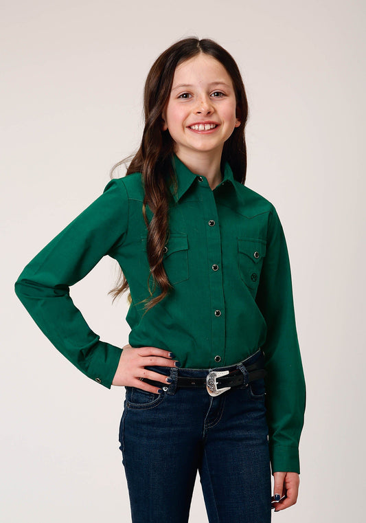 Roper Girls Long Sleeve Snap Black Fill Solid Green Western Shirt - Roper