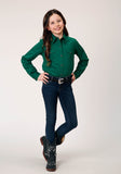 Roper Girls Long Sleeve Snap Black Fill Solid Green Western Shirt - Roper