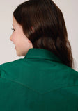 Roper Girls Long Sleeve Snap Black Fill Solid Green Western Shirt - Roper