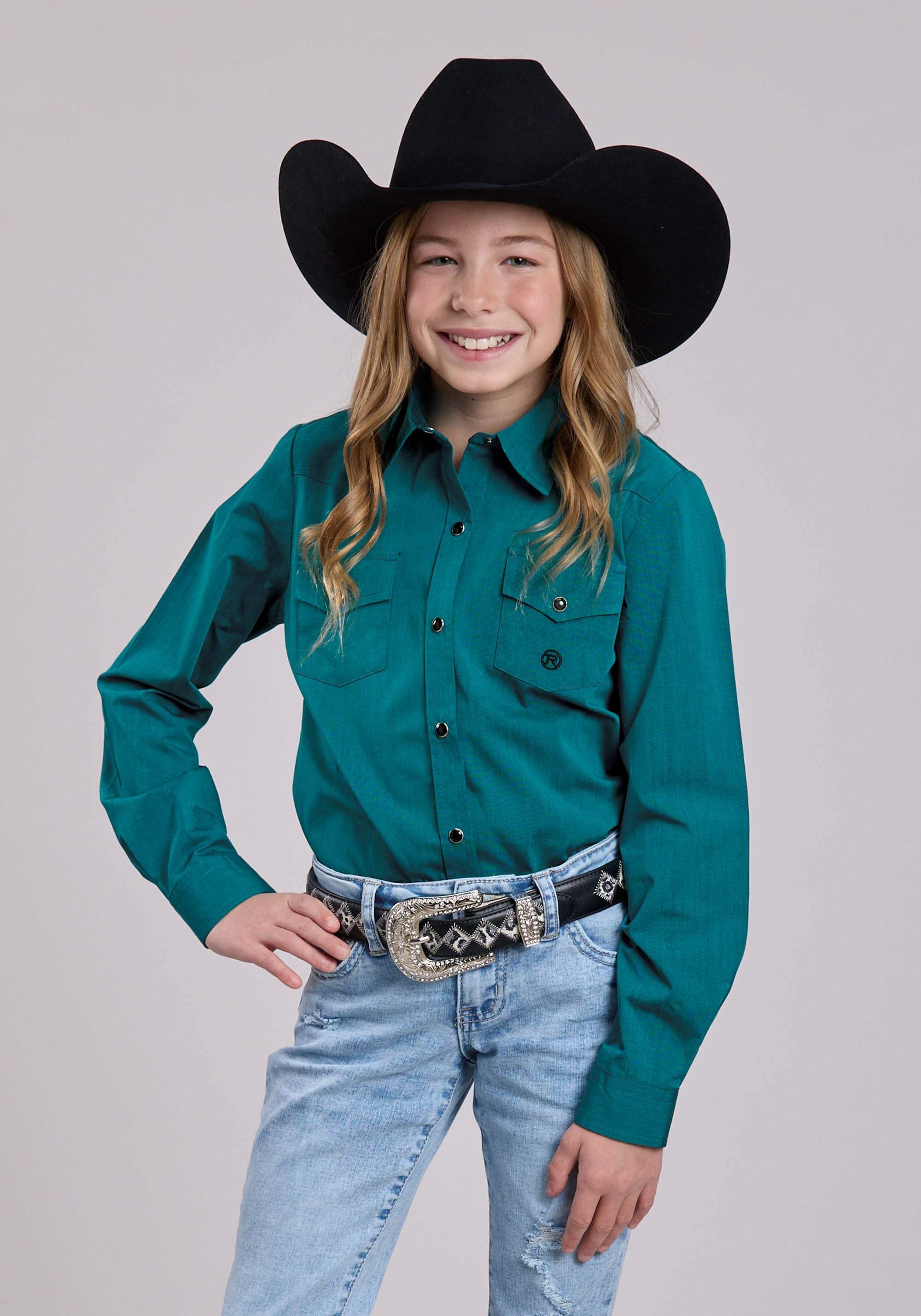 Girls Roper Solid Black Fill Teal Long Sleeve Shirt - Roper - Flyclothing LLC