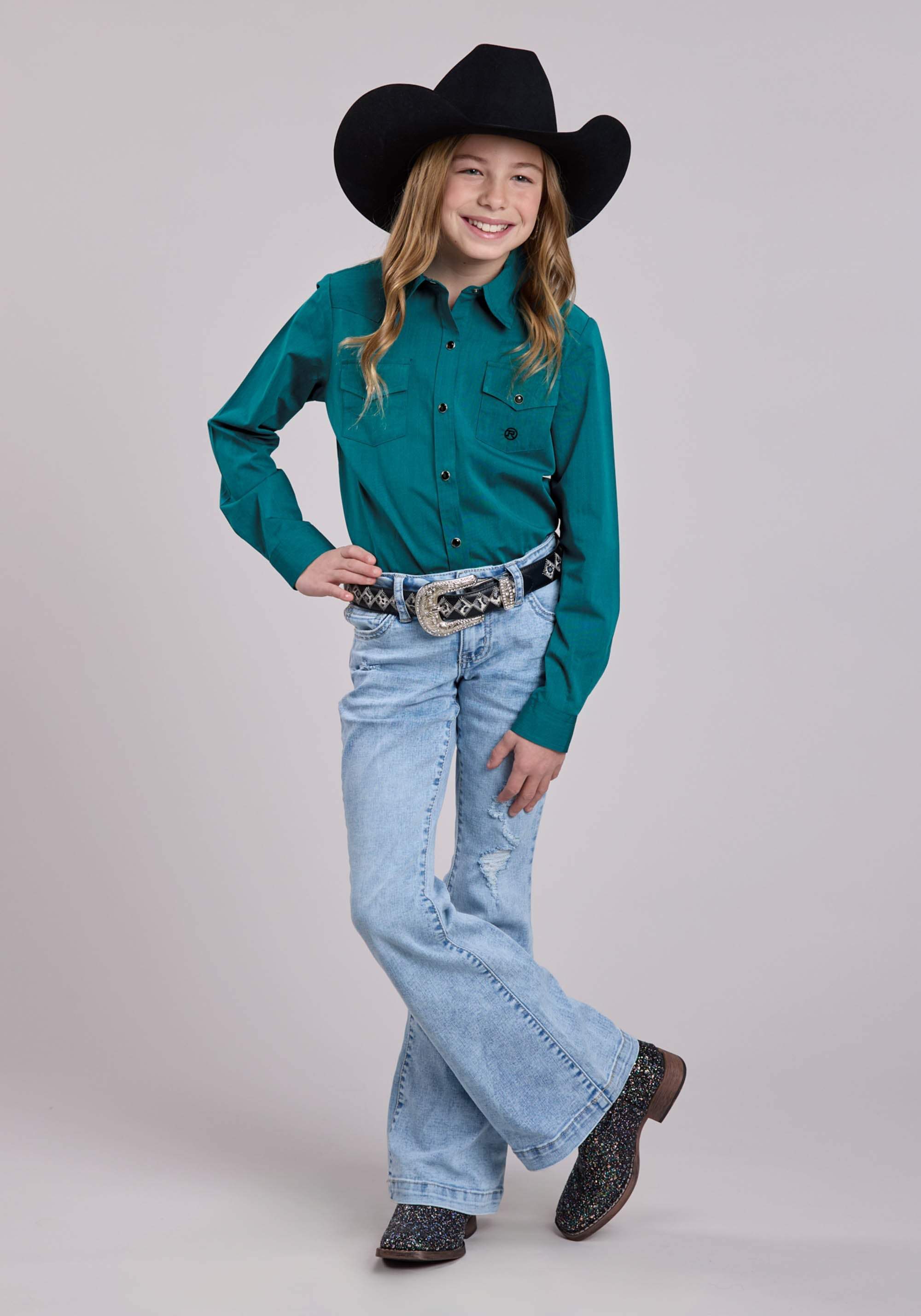 Girls Roper Solid Black Fill Teal Long Sleeve Shirt - Roper - Flyclothing LLC