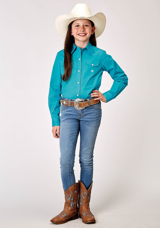 Roper Girls Long Sleeve Snap Solid Poplin Stretch Turquoise Western Shirt - Roper