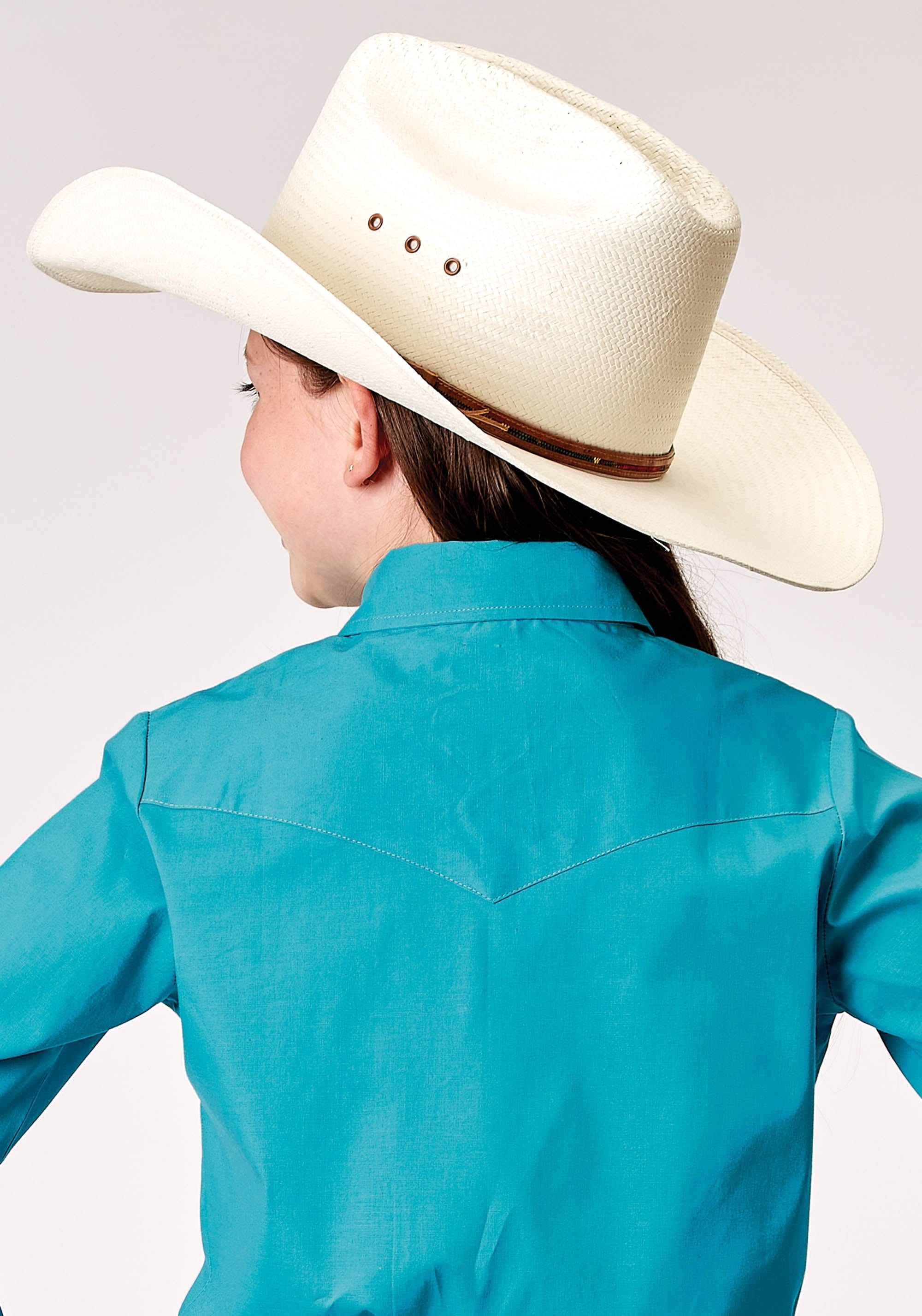 Roper Girls Long Sleeve Snap Solid Poplin Stretch Turquoise Western Shirt - Roper