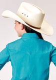 Roper Girls Long Sleeve Snap Solid Poplin Stretch Turquoise Western Shirt - Roper