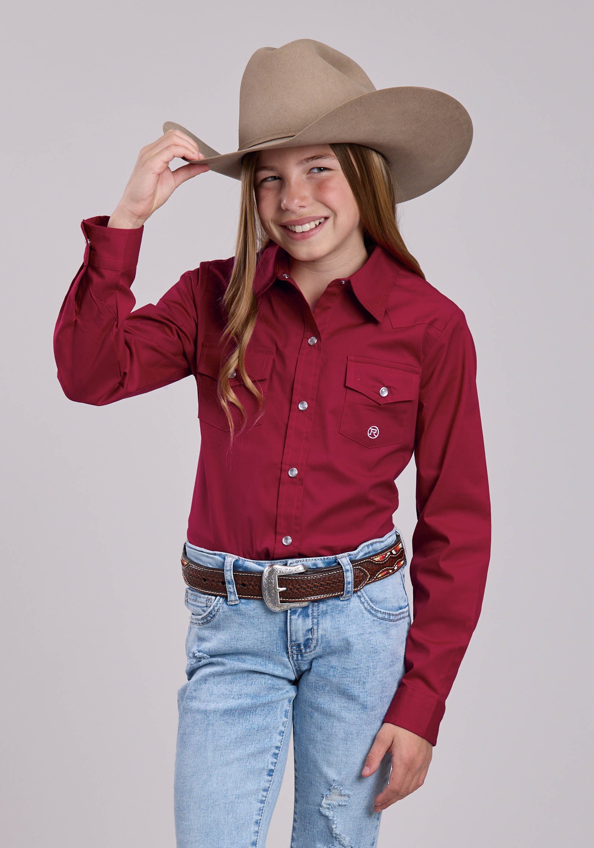 Girls Roper Red Solid Stretch Long Sleeve Shirt