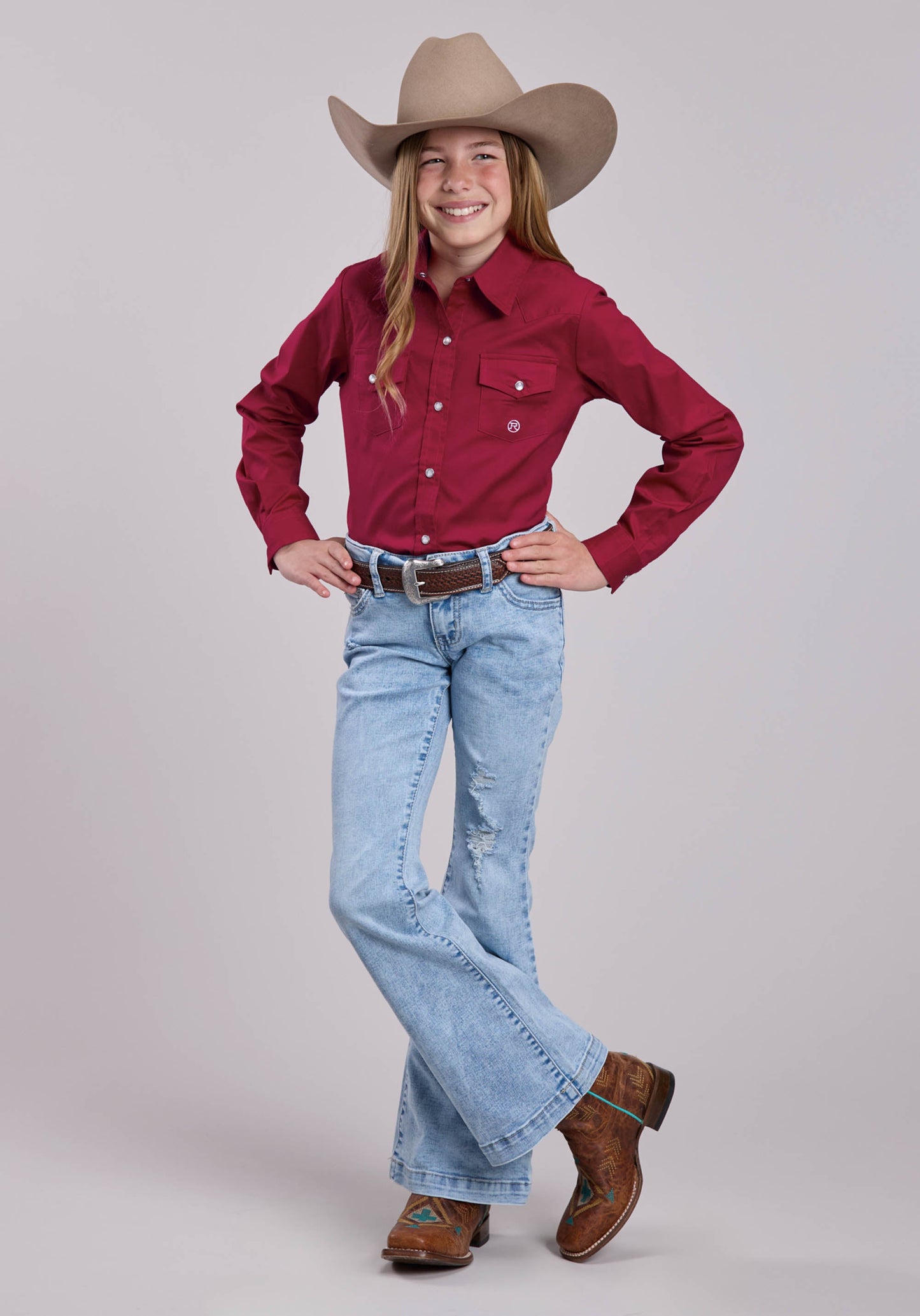 Girls Roper Red Solid Stretch Long Sleeve Shirt