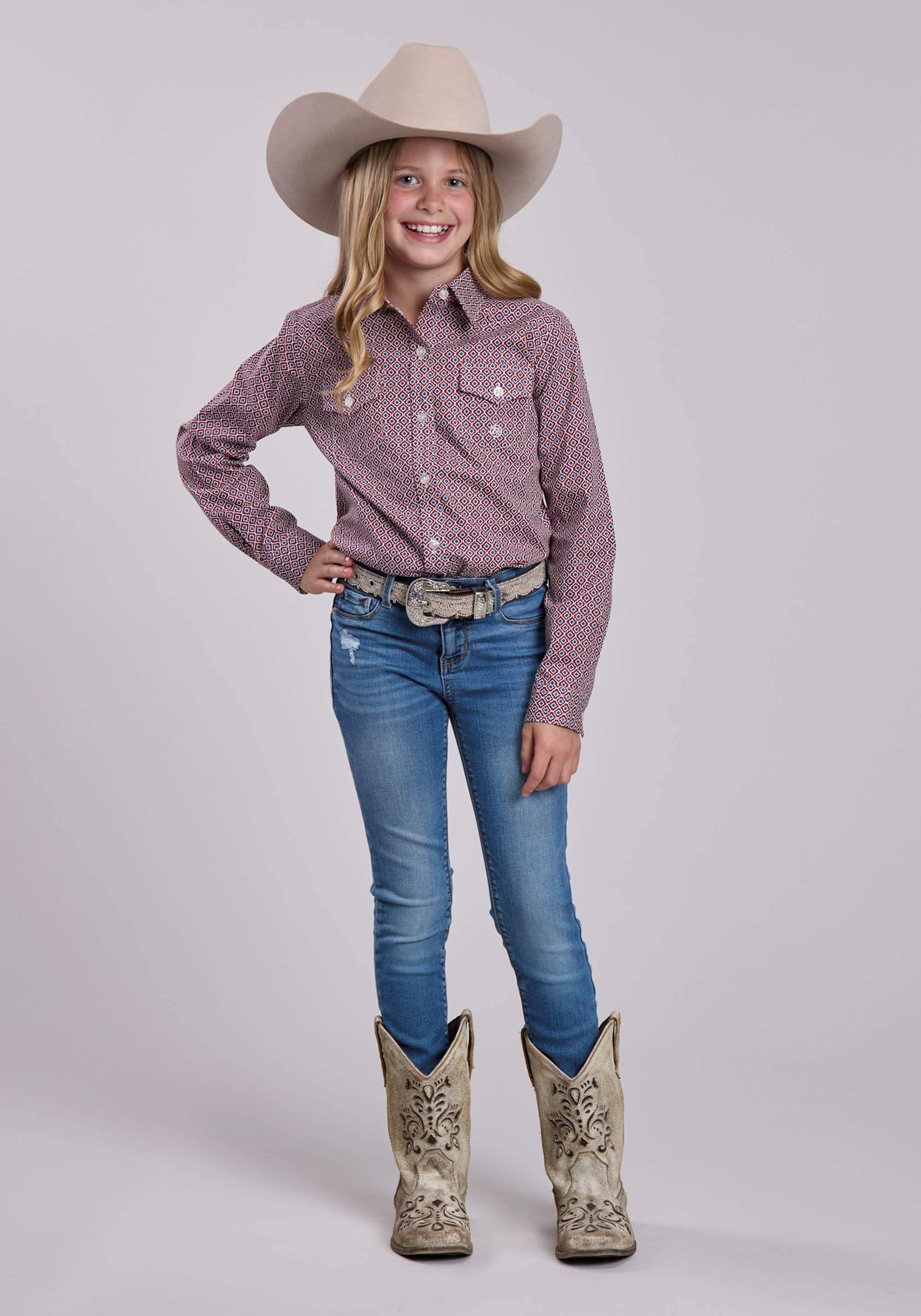 Girls Roper Red Tile Foulard Long Sleeve Shirt - Roper - Flyclothing LLC