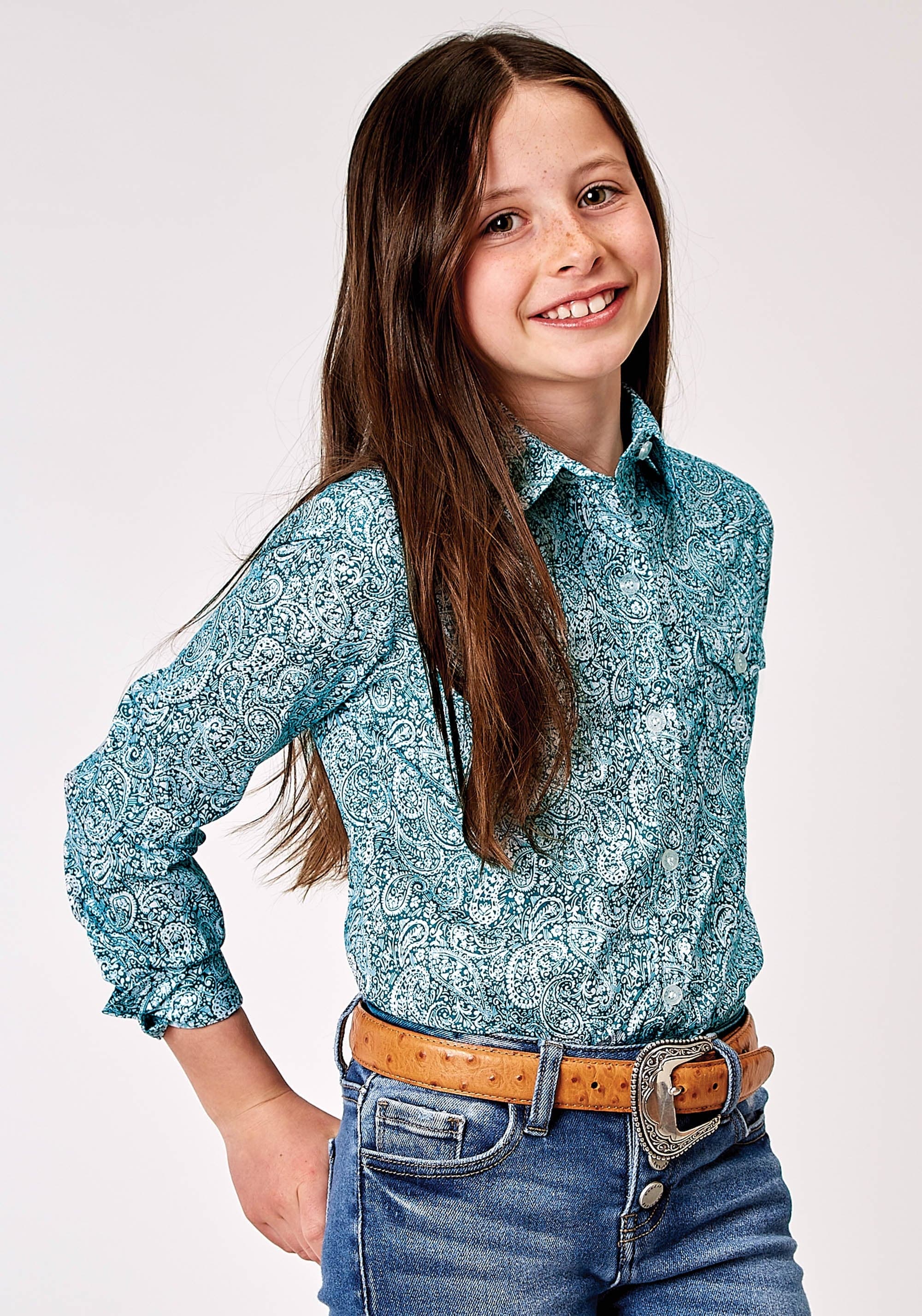 Roper Girls Long Sleeve Button Stretch Poplin Teal Paisley Western Shirt - Roper
