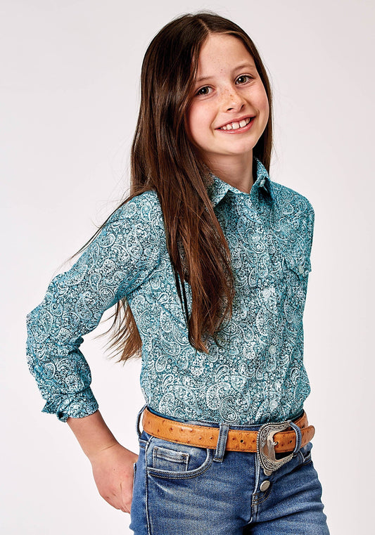 Roper Girls Long Sleeve Button Stretch Poplin Teal Paisley Western Shirt - Roper