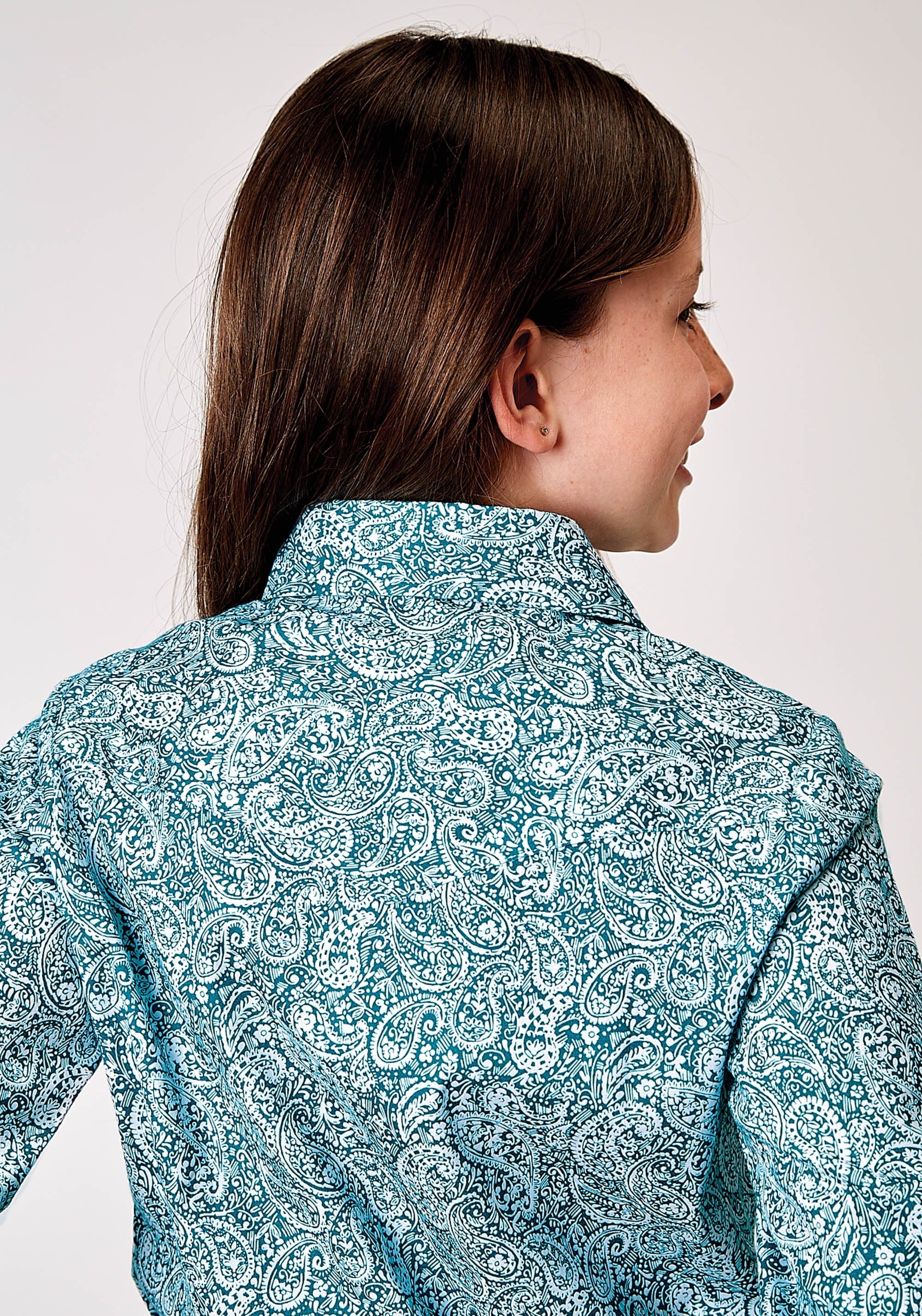 Roper Girls Long Sleeve Button Stretch Poplin Teal Paisley Western Shirt - Roper