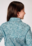 Roper Girls Long Sleeve Button Stretch Poplin Teal Paisley Western Shirt - Roper