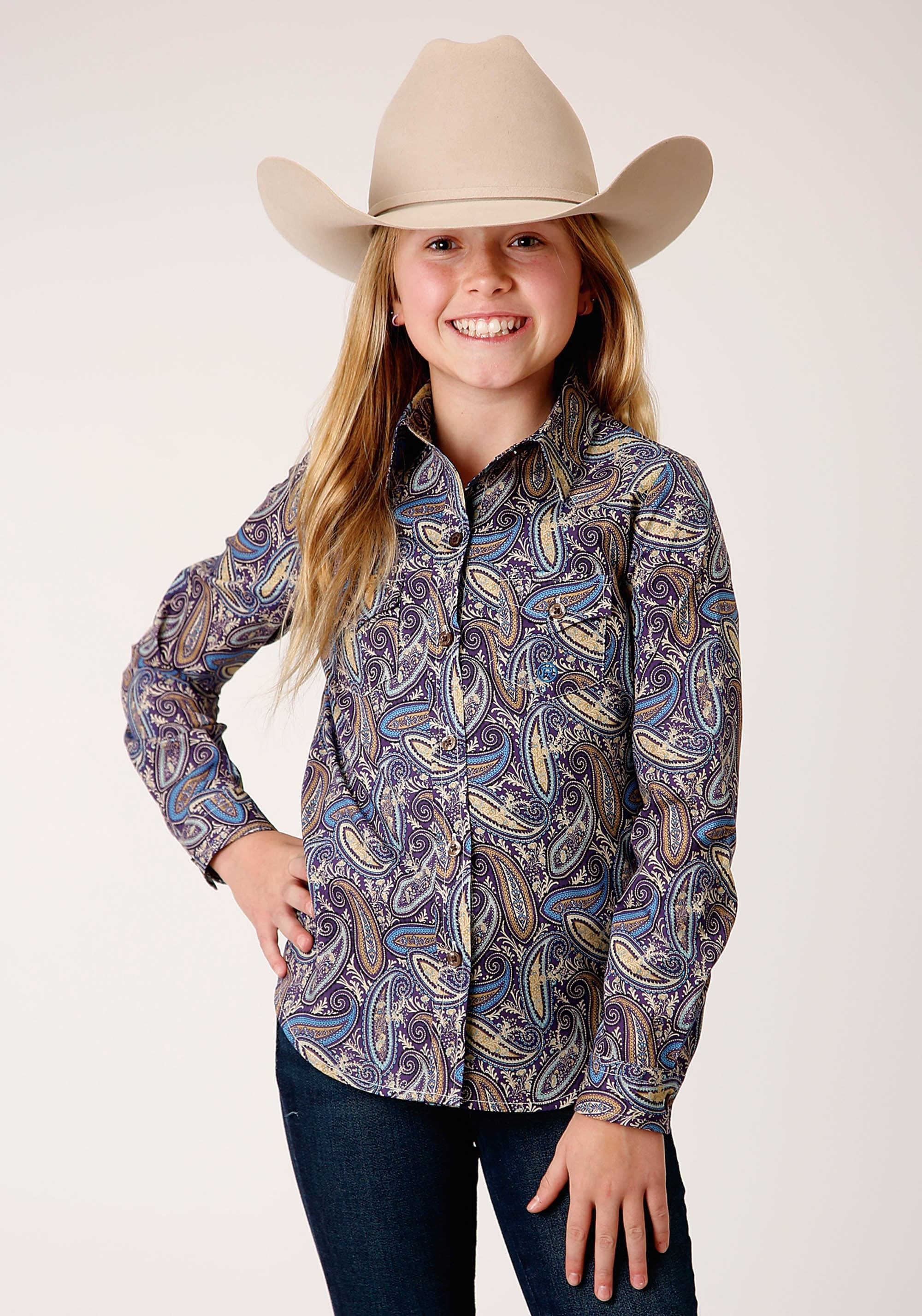 Roper Girls Long Sleeve Button Royal Paisleyn Western Shirt - Roper
