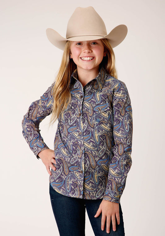 Roper Girls Long Sleeve Button Royal Paisleyn Western Shirt - Roper