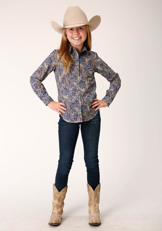 Roper Girls Long Sleeve Button Royal Paisleyn Western Shirt - Roper