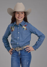 Roper Girls Denim Blue Western Shirt Long Sleeve Button Western Shirt